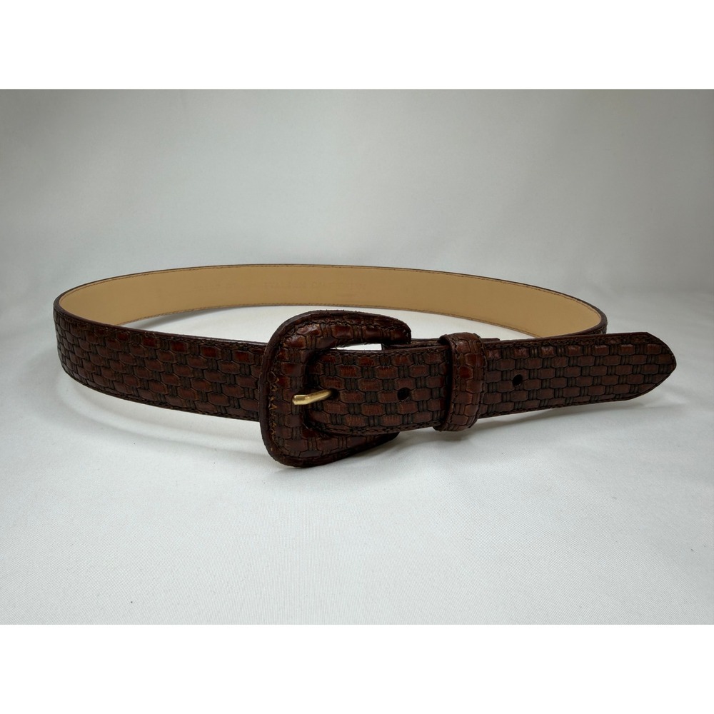 VTG Italian Calfskin Leather Belt Size M Woven Basketweave Brown Covered Buckle